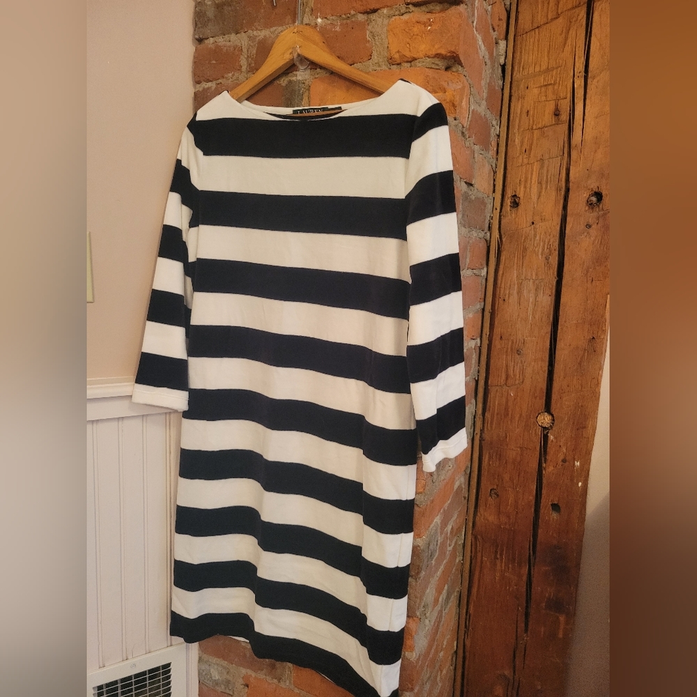 LAUREN RALPH LAUREN Black White Striped Velour Dress size medium
